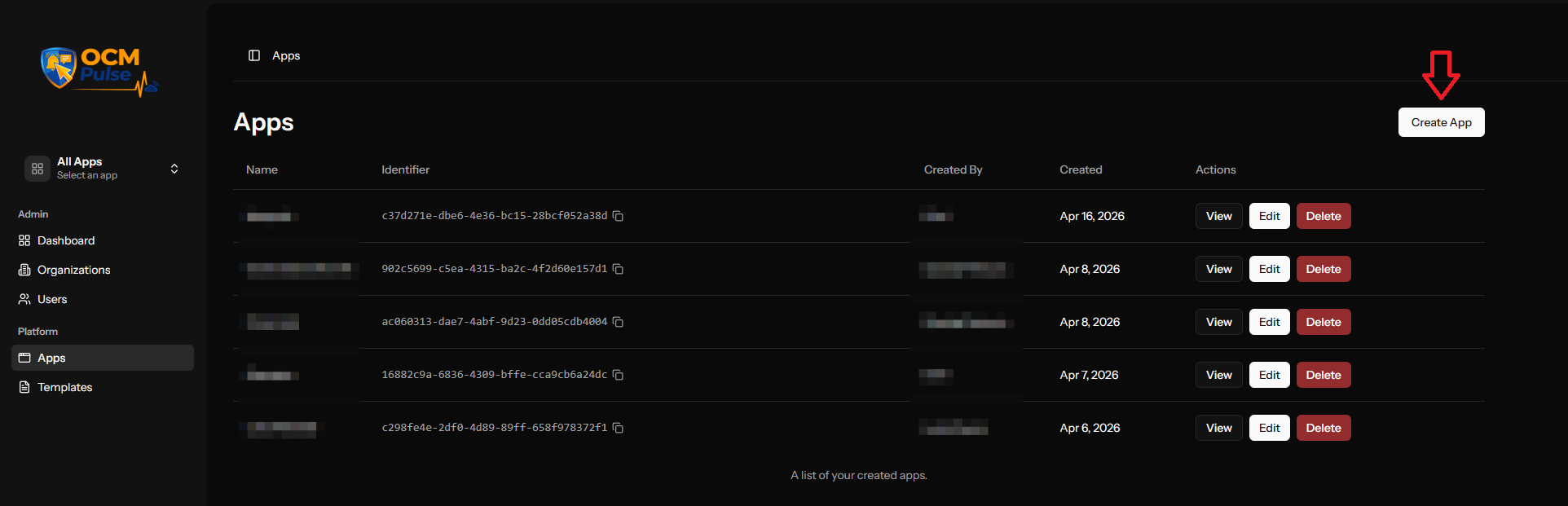 OCM Pulse Apps list highlighting the Create App button