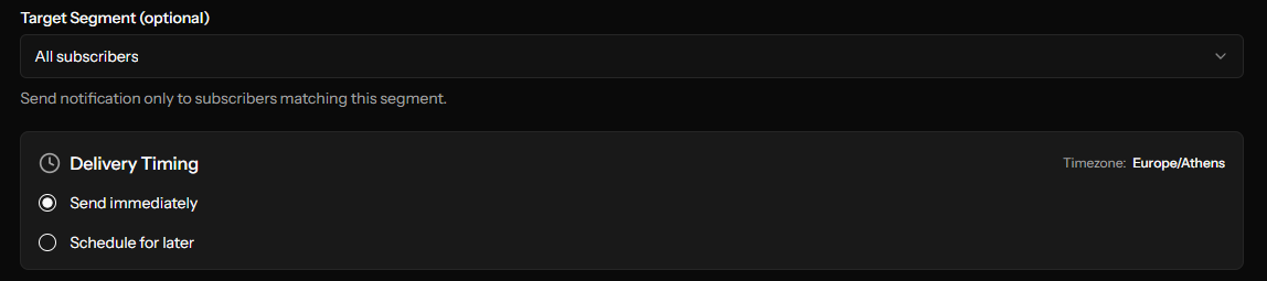 Selecting a target segment and scheduling a notification for later in OCM Pulse