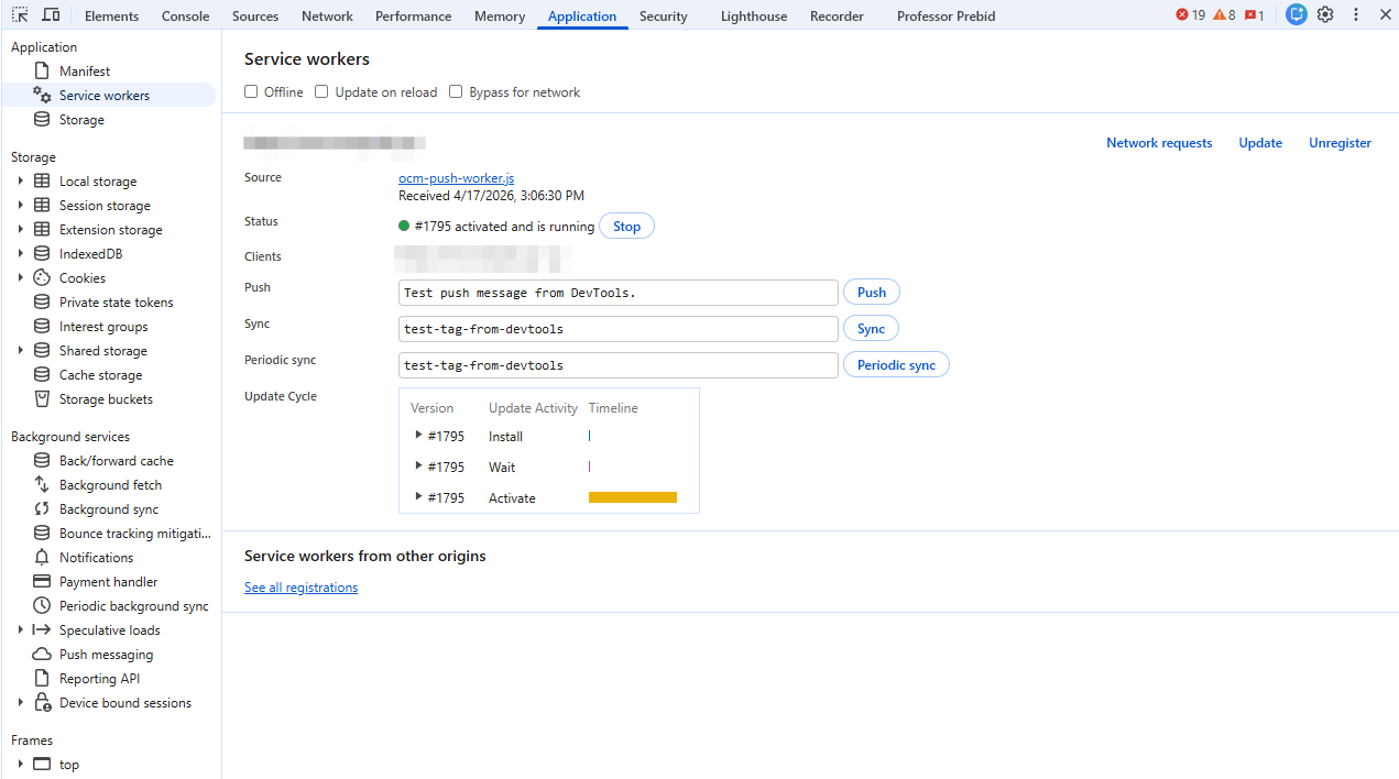 Checking the Service Worker registration status in Browser DevTools