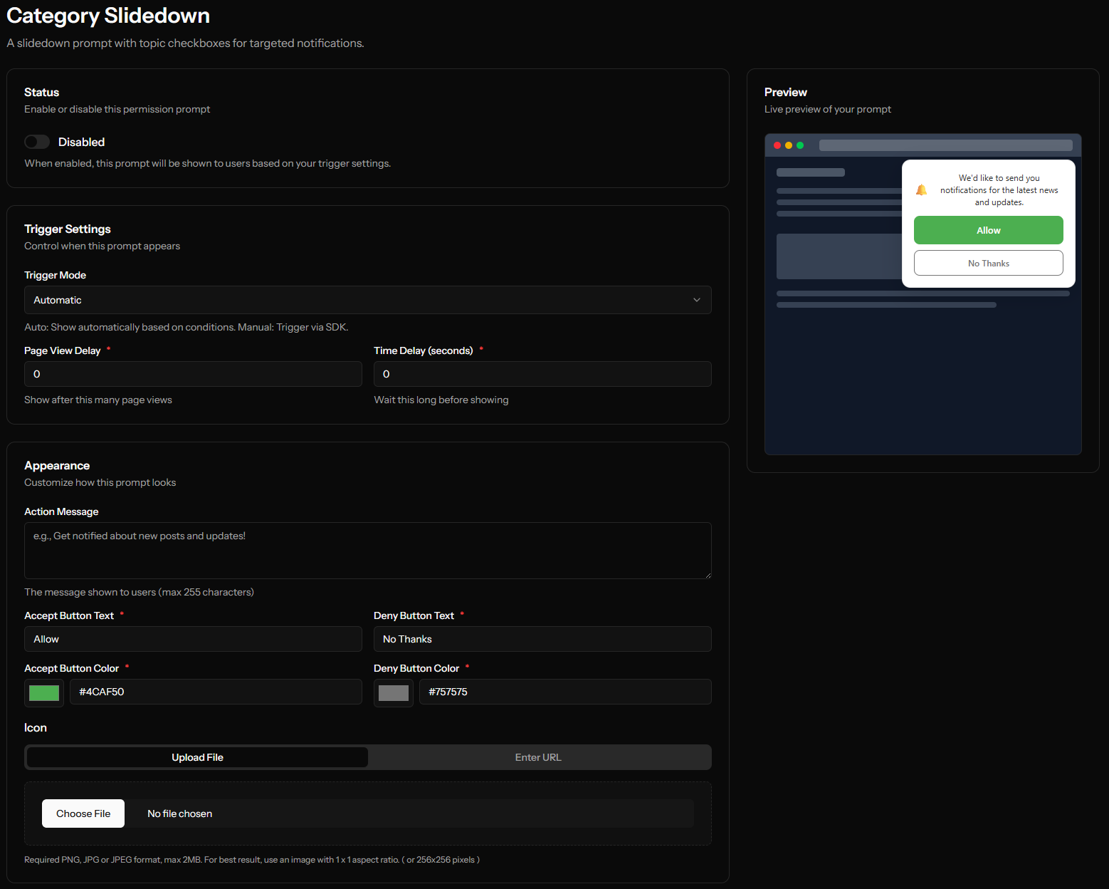 Configuring notification categories for the subscription slidedown in OCM Pulse