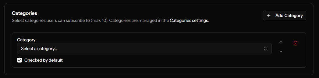 A preview of the Category Slidedown prompt showing preference checkboxes to a subscriber