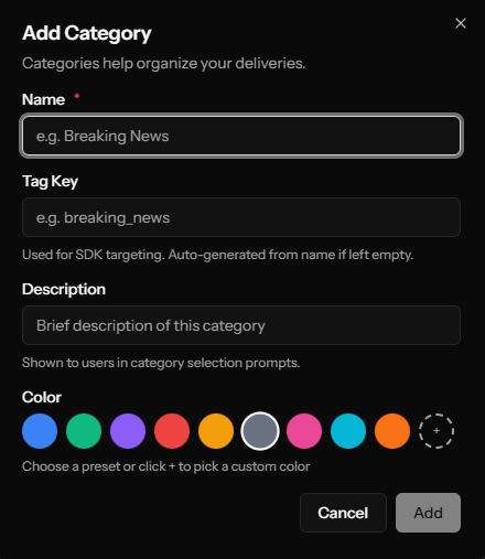 Filling out the category creation form with name, tag key, and color selection