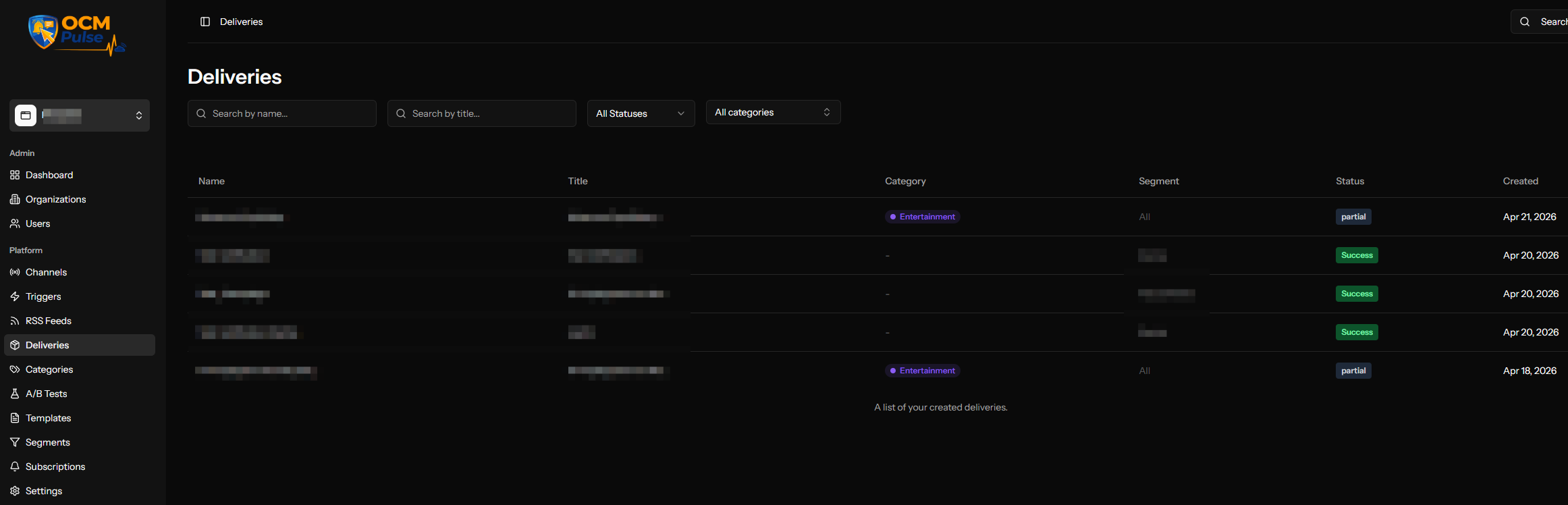 The main Deliveries dashboard showing notification history and statuses