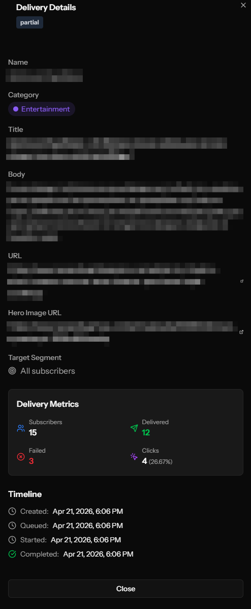 Viewing detailed notification content, metrics, and timeline in OCM Pulse
