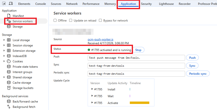 Verifying the service worker registration and activation in Browser DevTools