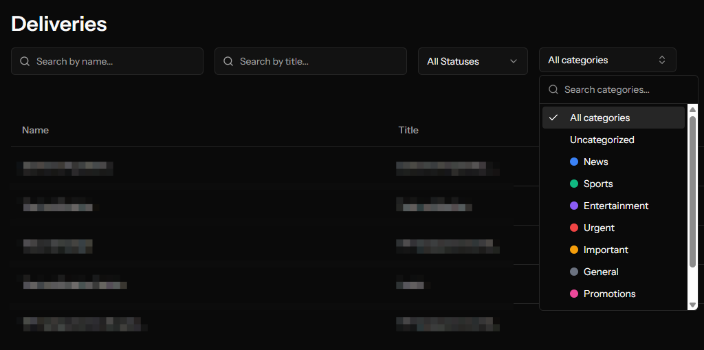 Filtering the notification delivery history by category in OCM Pulse