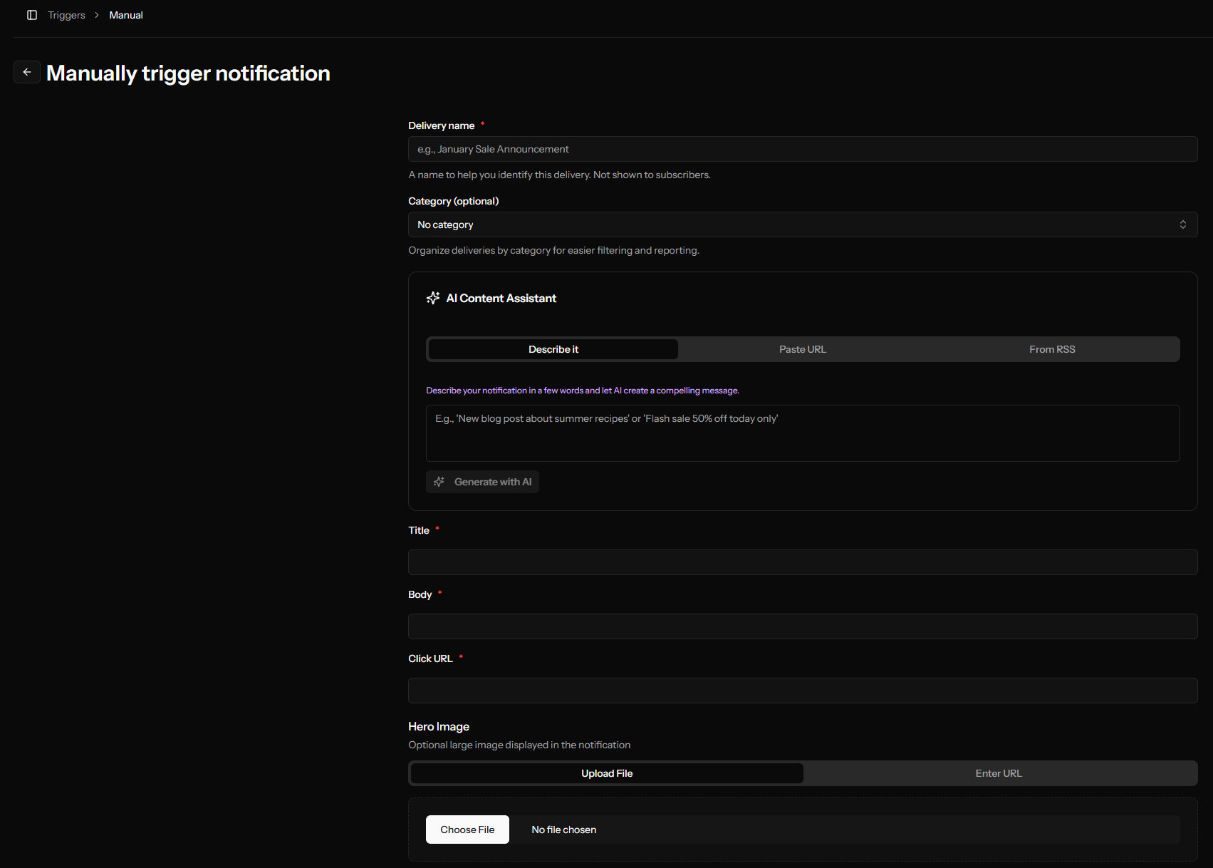 Configuring a manual test notification in OCM Pulse