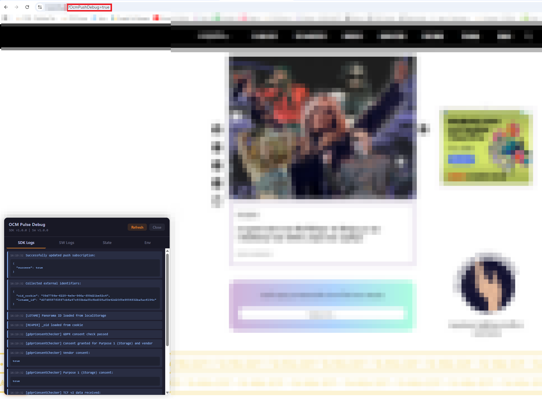 The OCM Pulse SDK debug panel for real-time troubleshooting