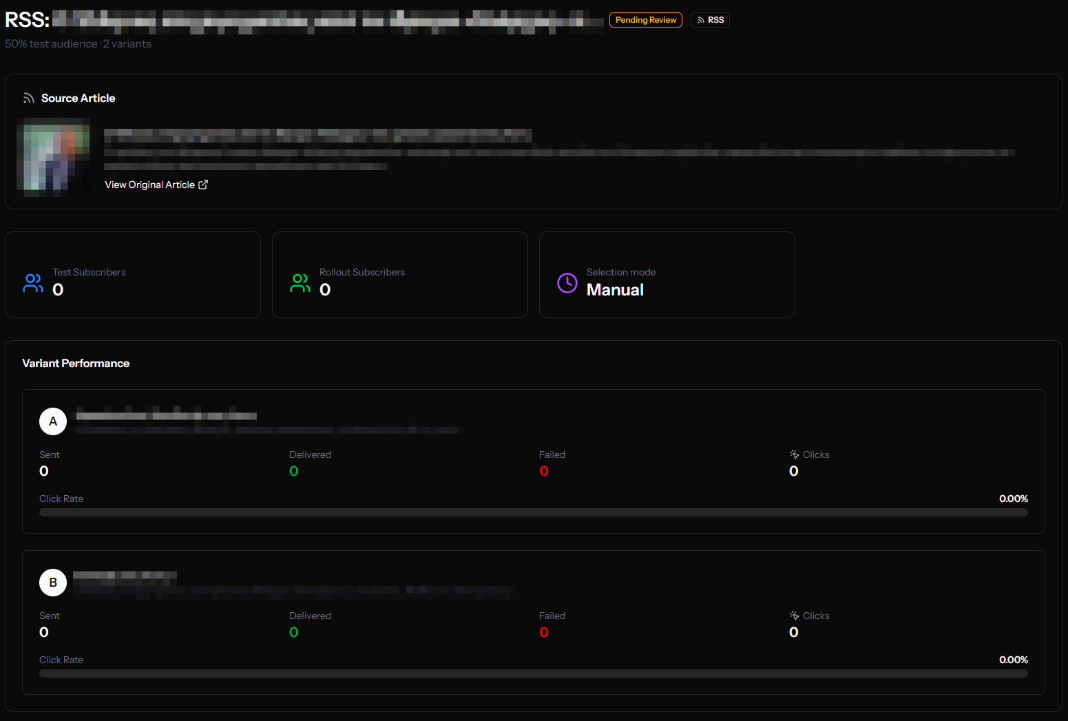 Reviewing and editing AI-generated variants for an RSS A/B test
