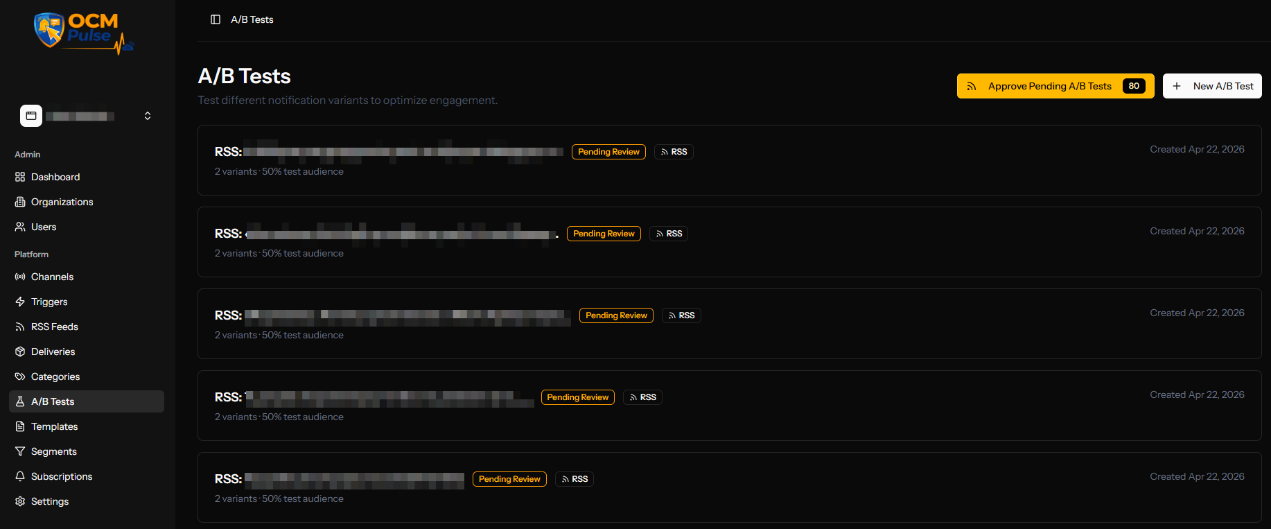The RSS Review Queue showing pending automated A/B tests