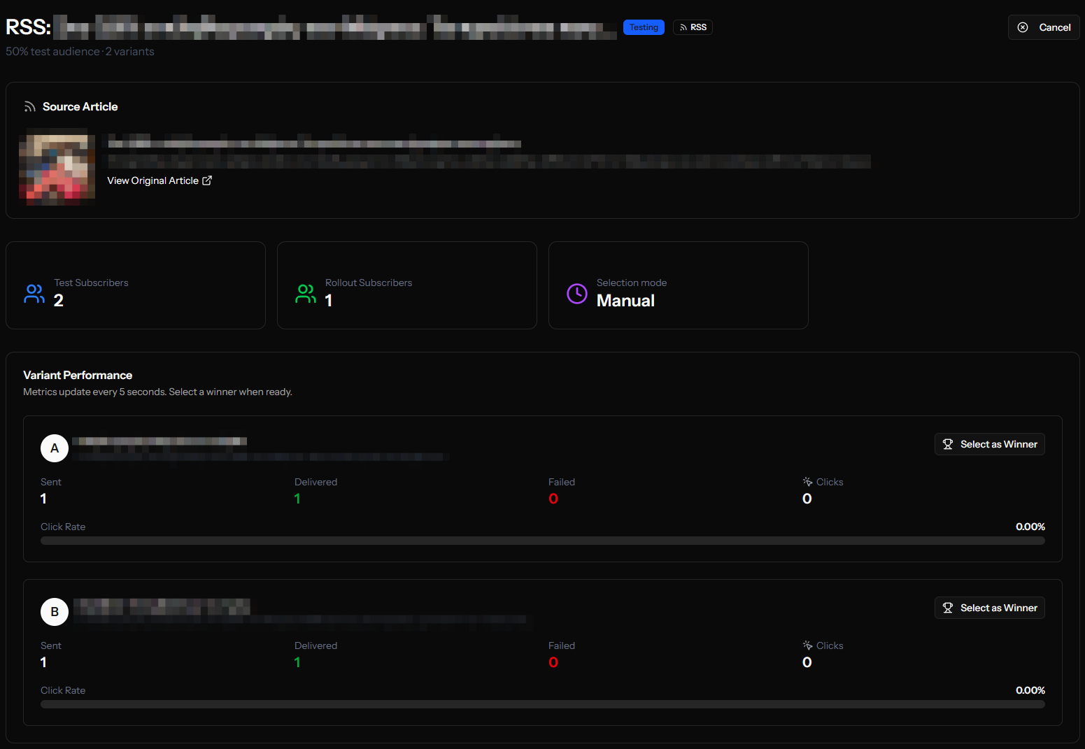Manually selecting the winning variant for an RSS A/B test