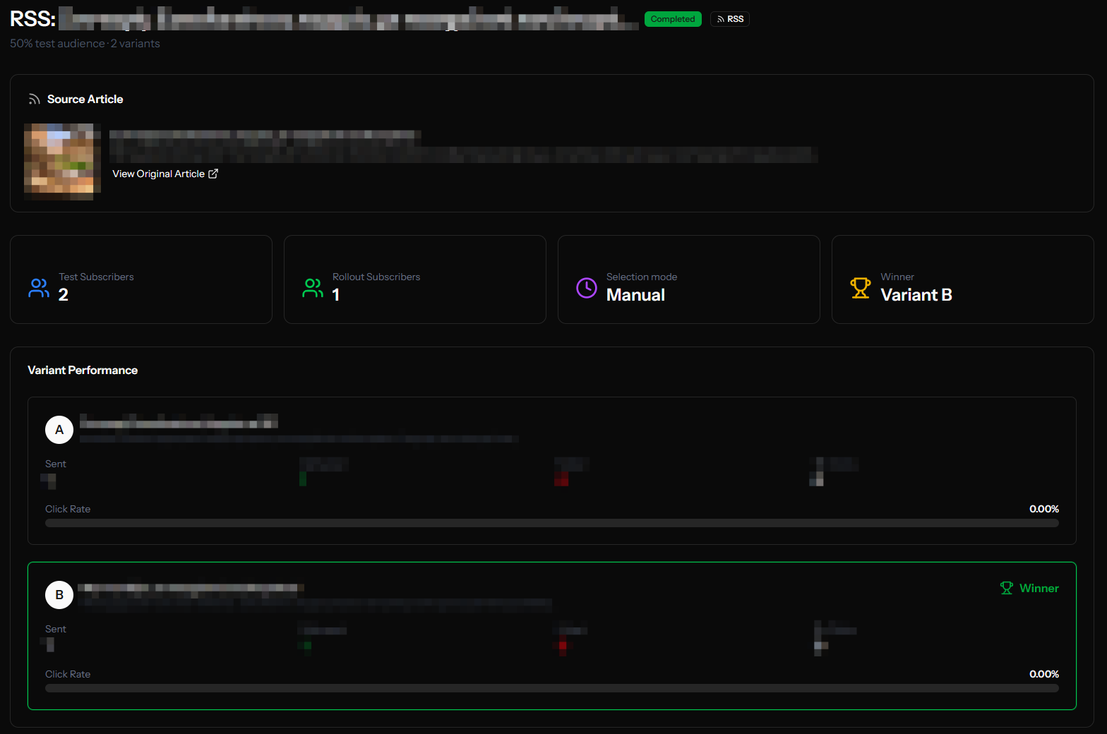 Viewing live performance metrics and click rates for RSS A/B test variants