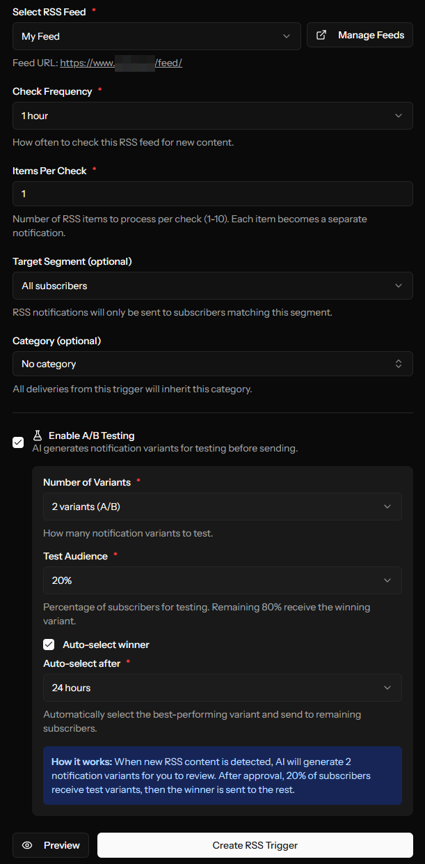 Configuring AI-powered A/B testing for RSS notifications
