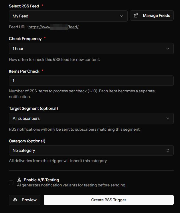 Configuring frequency and item limits for an RSS Trigger