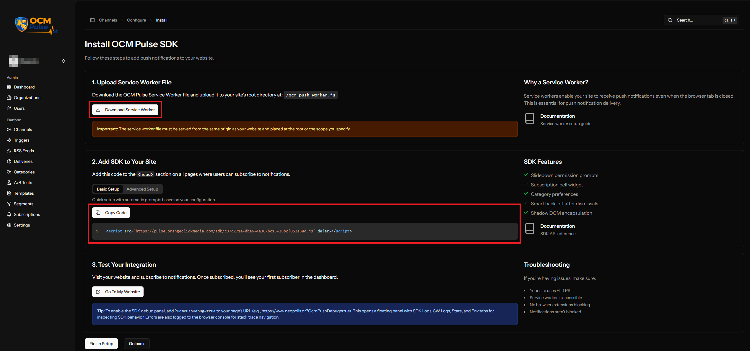 OCM Pulse SDK Installation page showing download and script options