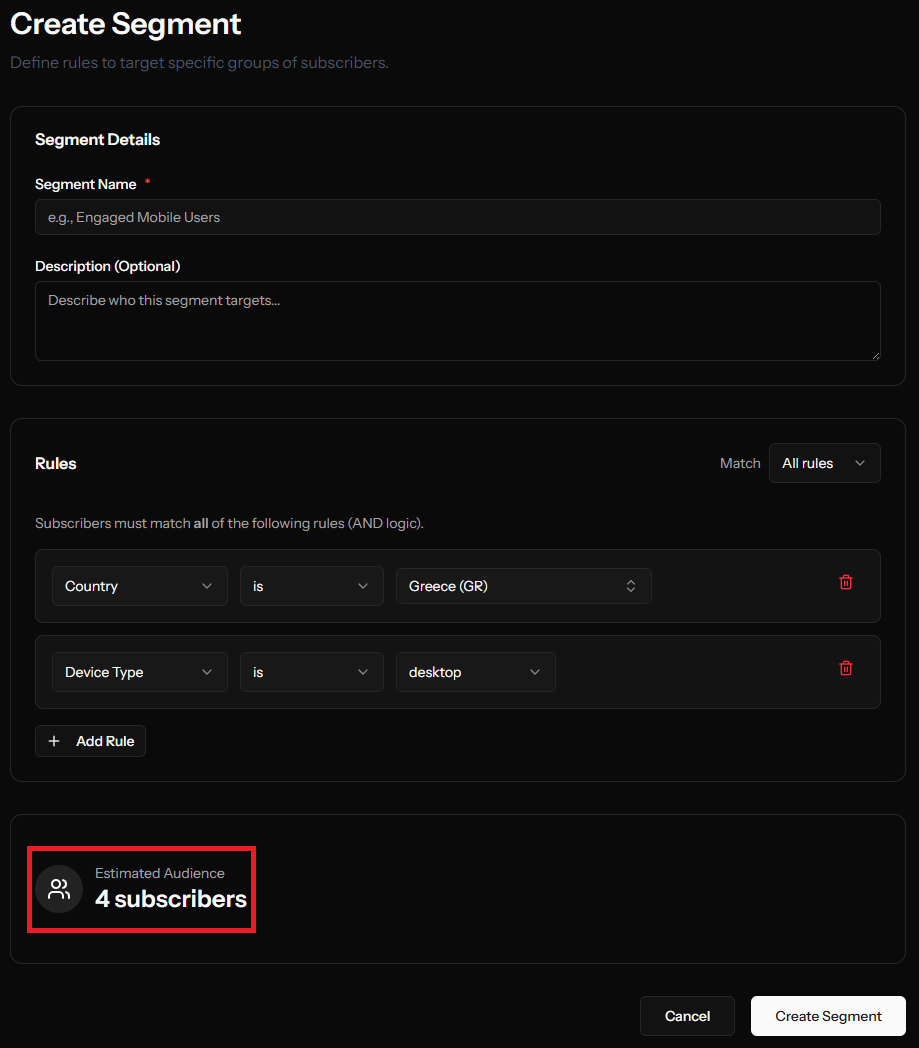 Real-time audience size preview in the OCM Pulse segment builder