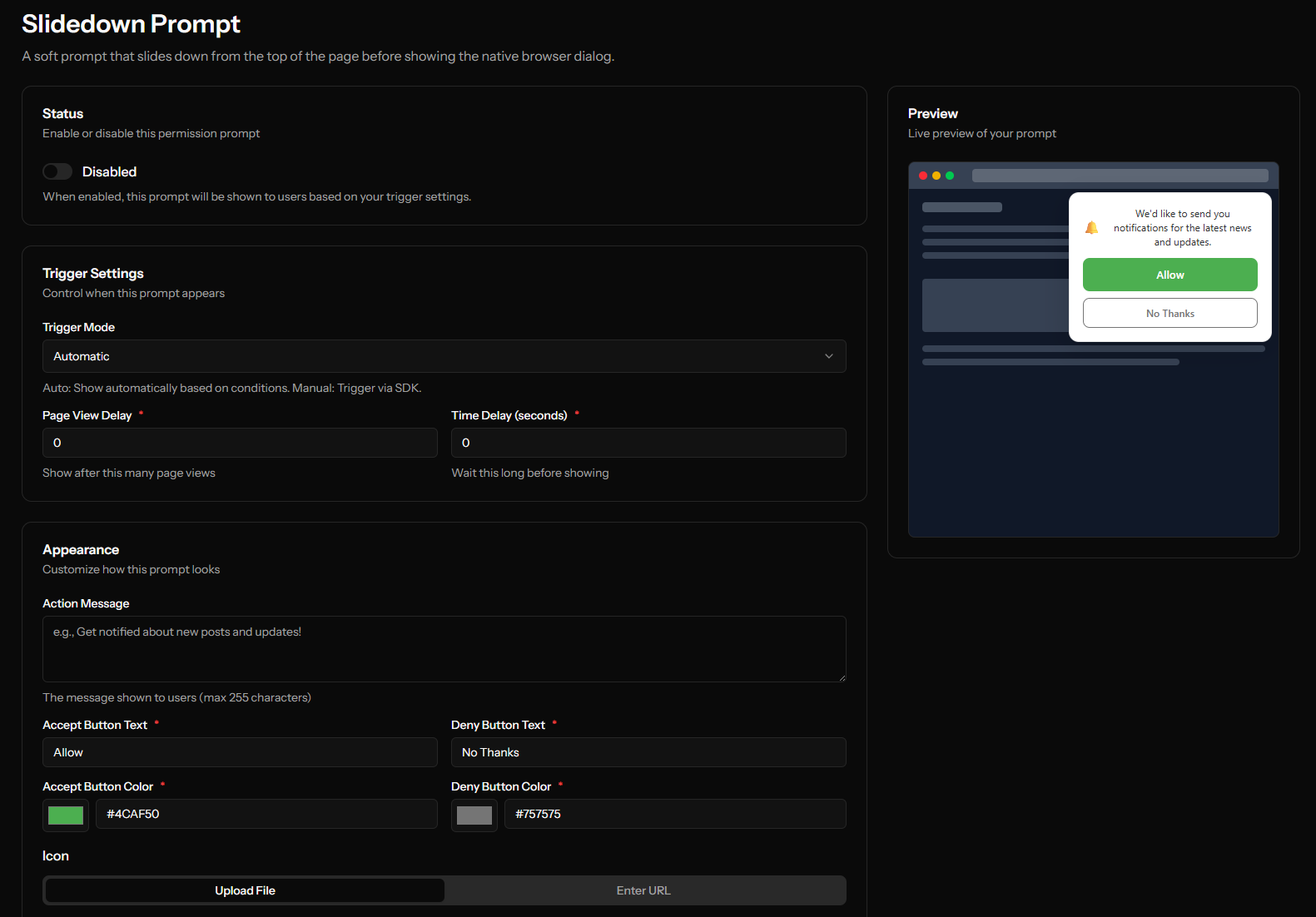 Configuring the Slidedown prompt appearance and timing in OCM Pulse