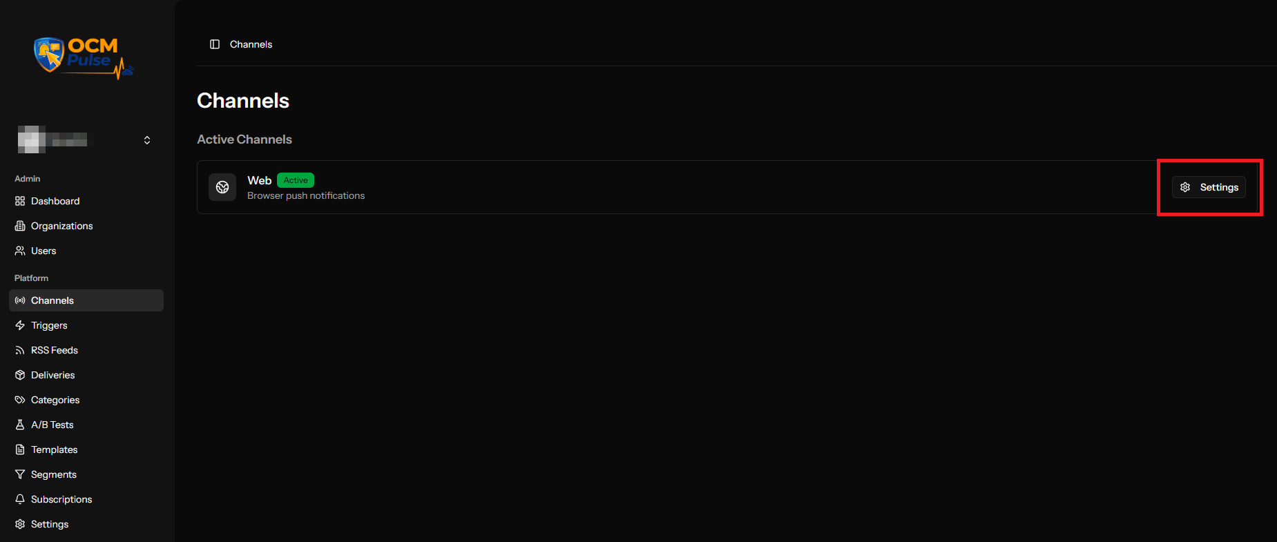 Selecting the Web Push channel in the OCM Pulse dashboard
